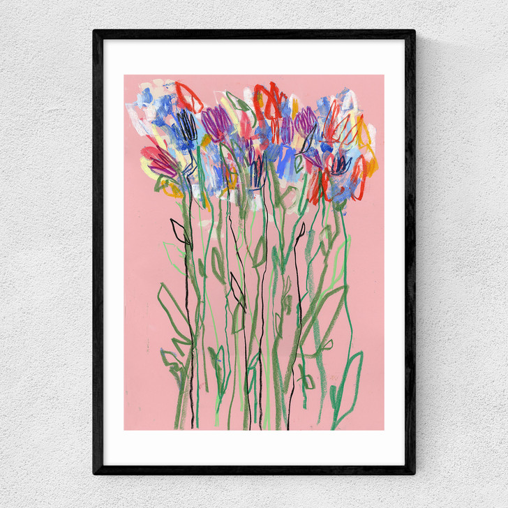 Pink Flowers Narrow Black Frame