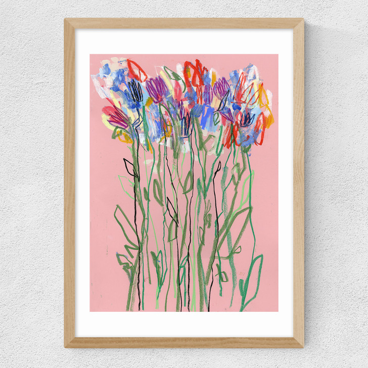 Pink Flowers Medium Oak Frame