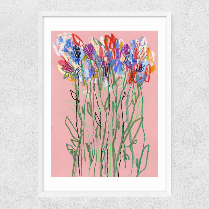 Pink Flowers Narrow White Frame