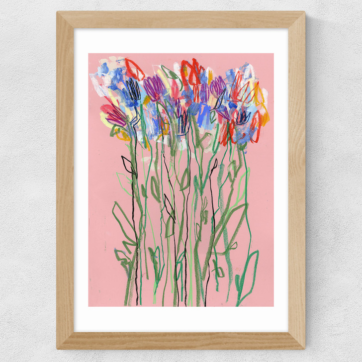 Pink Flowers Wide Oak Frame