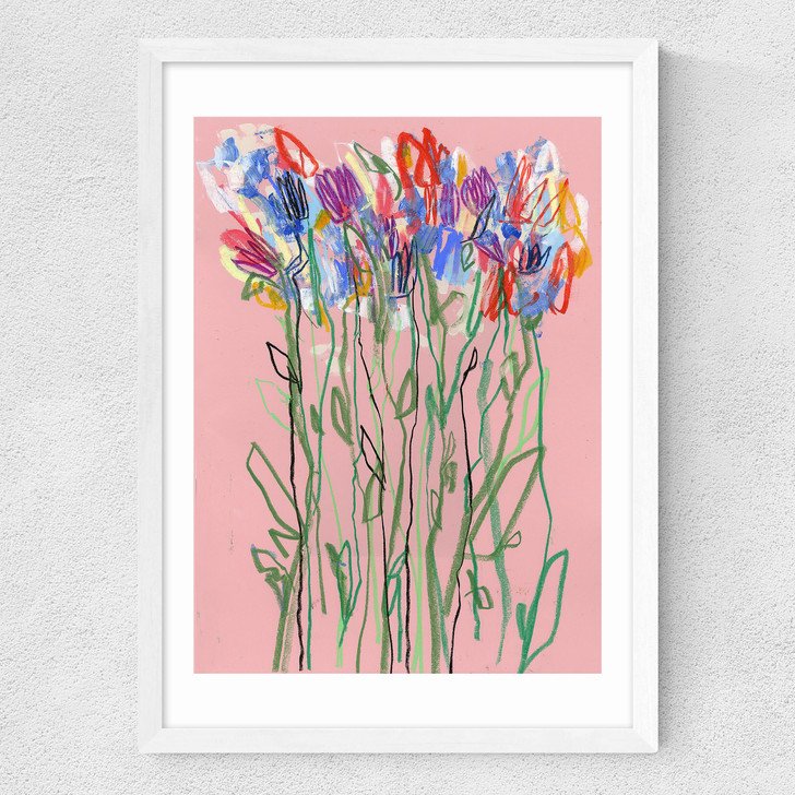 Pink Flowers Medium White Frame
