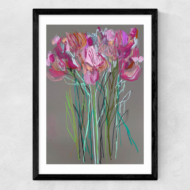 Grey Flowers Medium Black Frame