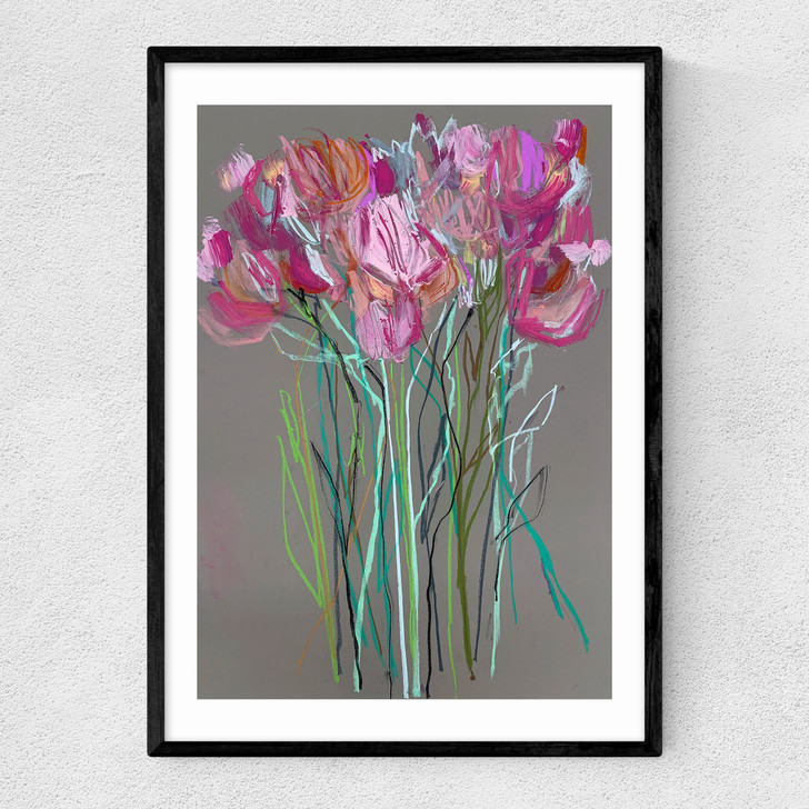 Grey Flowers Narrow Black Frame
