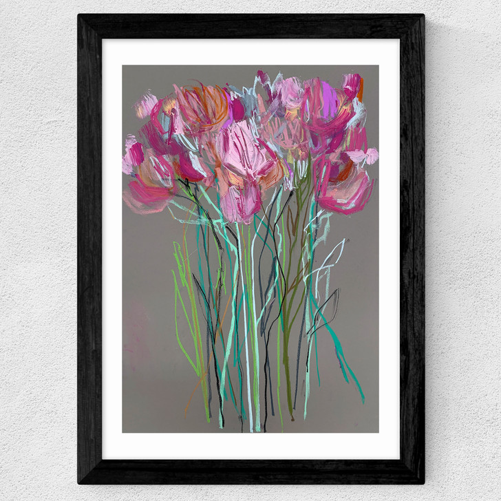 Grey Flowers Wide Black Frame