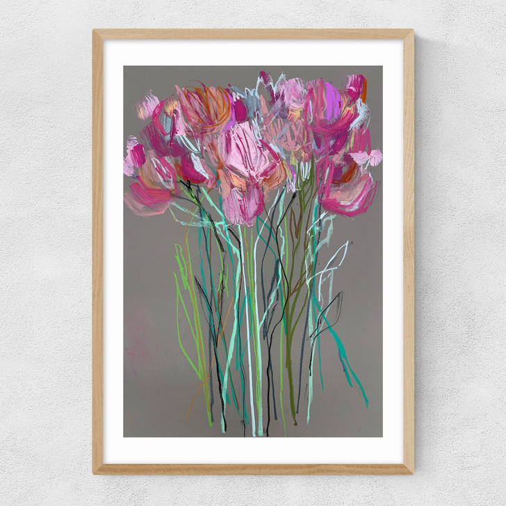Grey Flowers Narrow Oak Frame