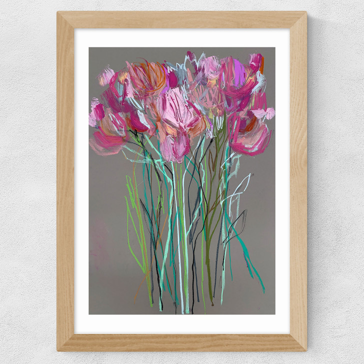 Grey Flowers Wide Oak Frame