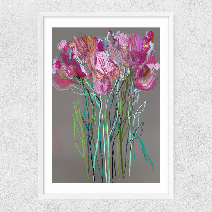 Grey Flowers Narrow White Frame