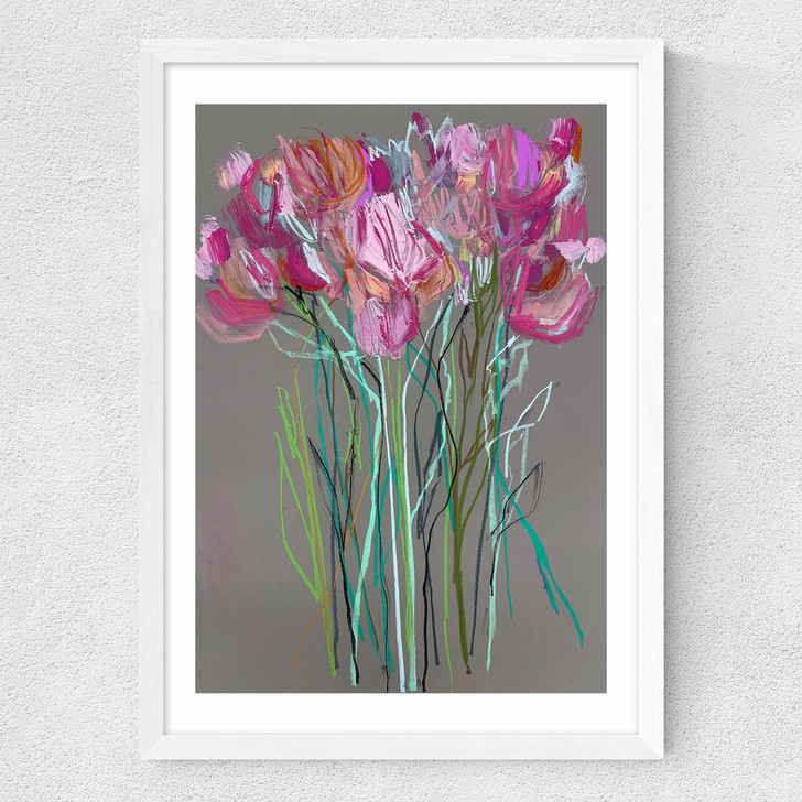Grey Flowers Medium White Frame