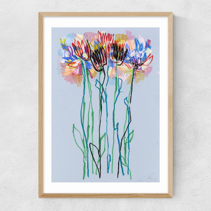 Morning Blue Flowers Narrow Oak Frame