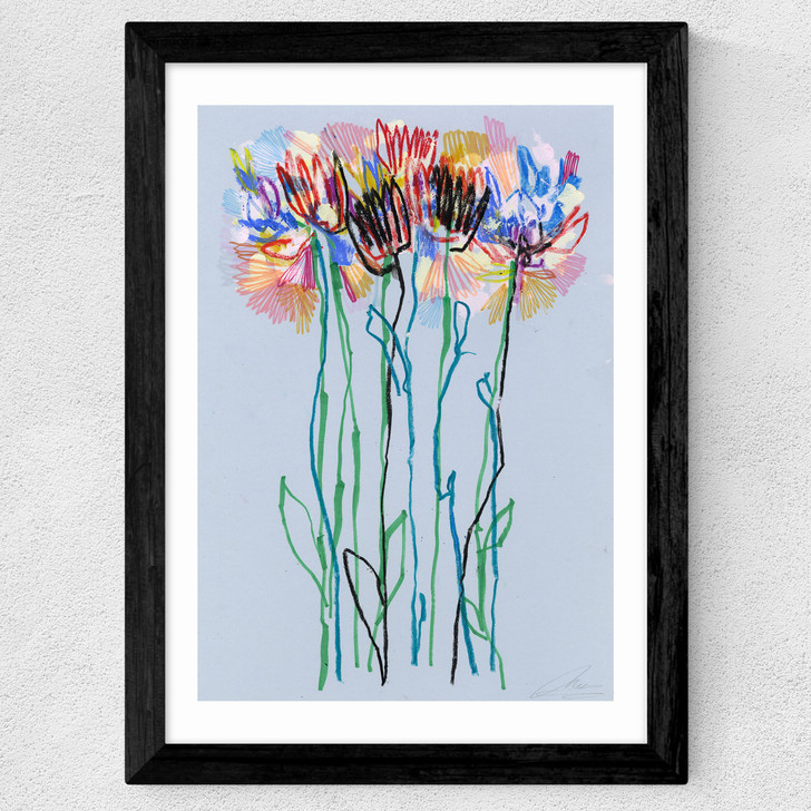 Morning Blue Flowers Wide Black Frame