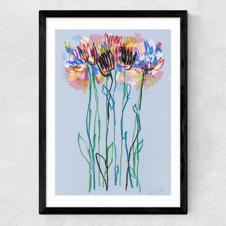 Morning Blue Flowers Medium Black Frame