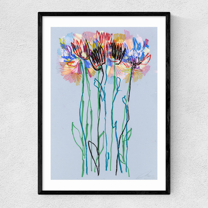 Morning Blue Flowers Narrow Black Frame