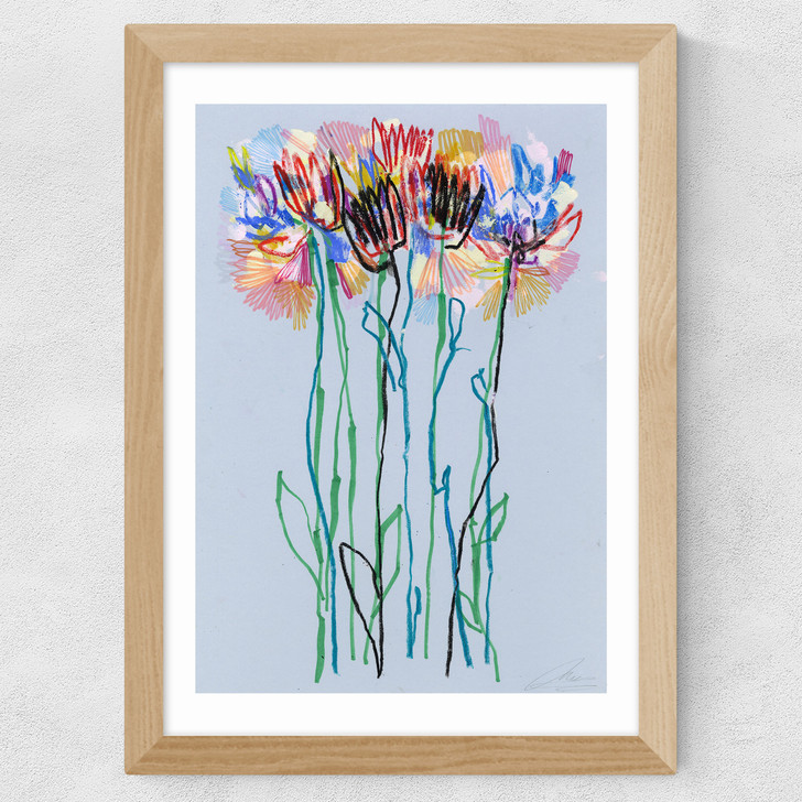 Morning Blue Flowers Wide Oak Frame