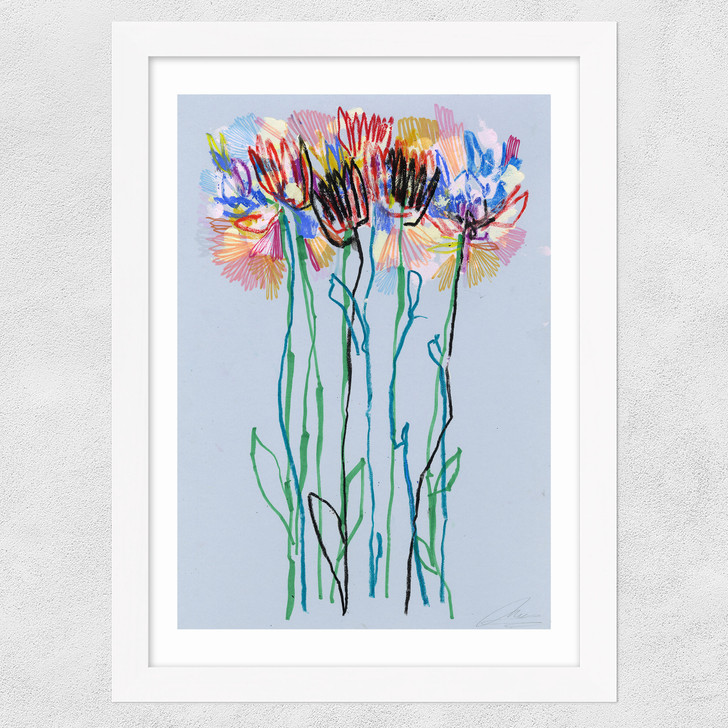 Morning Blue Flowers Wide White Frame