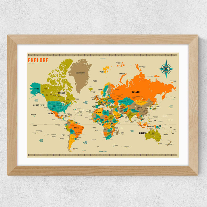 World Map by Jazzberry Blue Wide Oak Frame