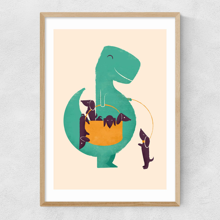 T-Rex and his Basketful of Wiener Dogs Narrow Oak Frame