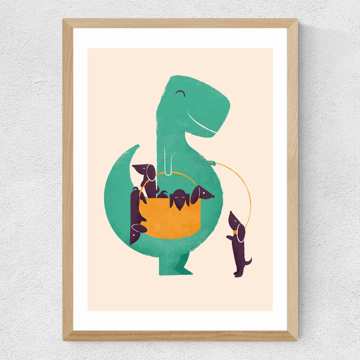 T-Rex and his Basketful of Wiener Dogs Medium Oak Frame