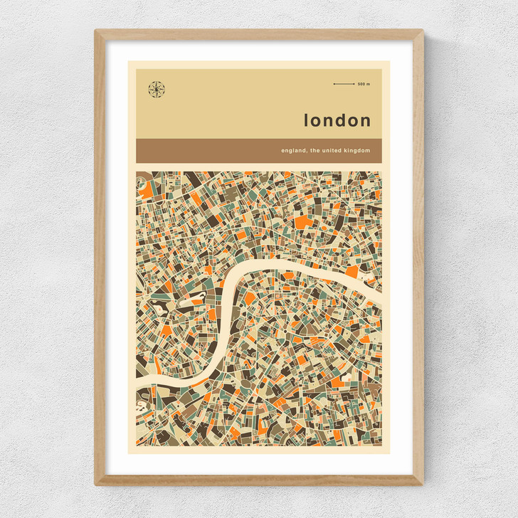 London Streetguide by Jazzberry Blue Narrow Oak Frame