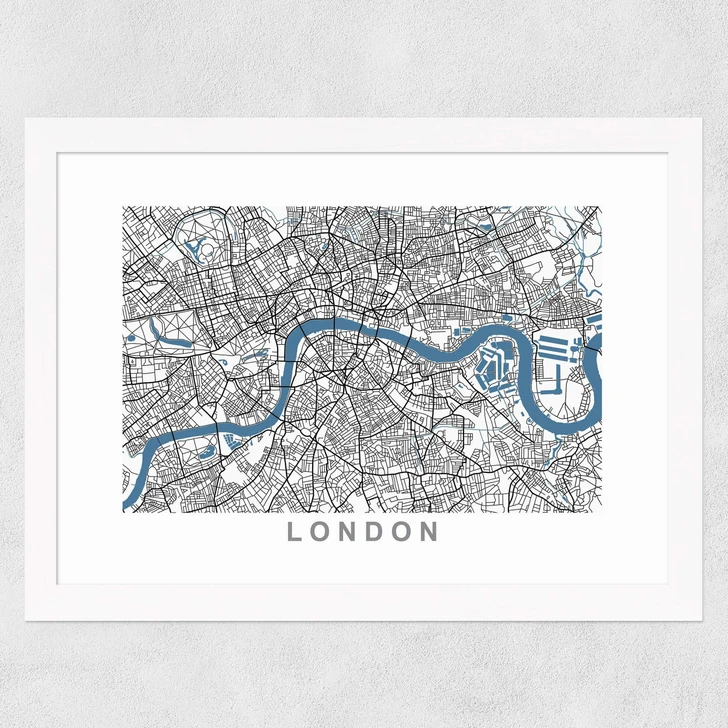 London Map Wide White Frame