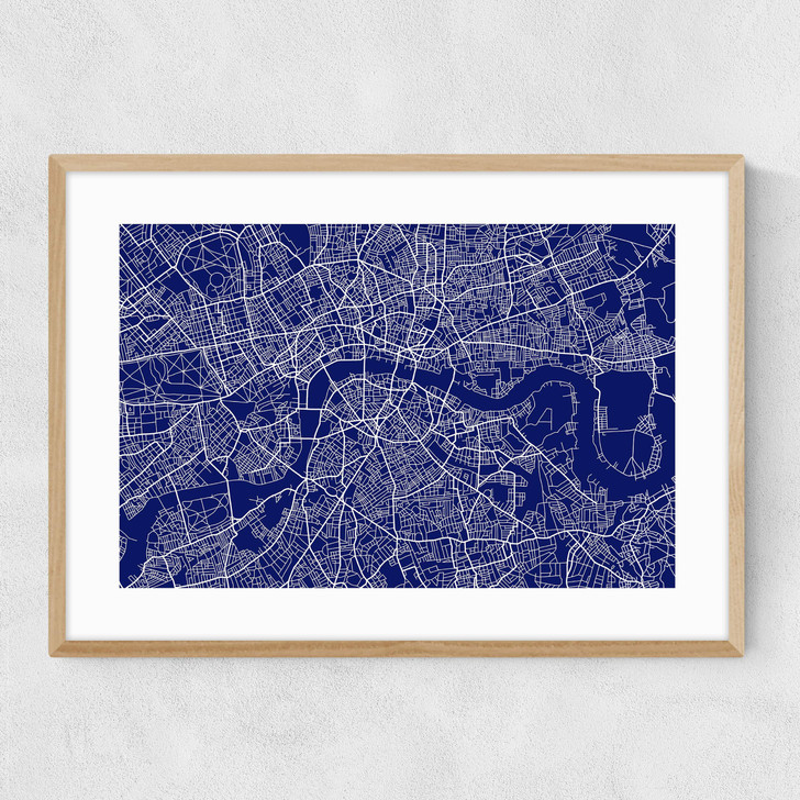 London Map Navy Narrow Oak Frame London Map Navy Narrow Oak Frame