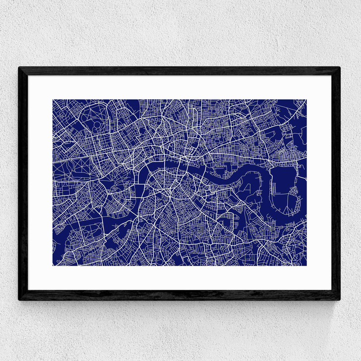 London Map Navy Medium Black Frame