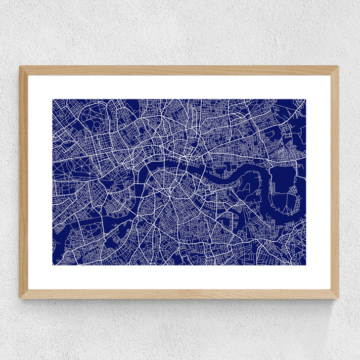 London Map Navy Medium Oak Frame
