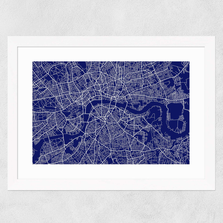 London Map Navy Wide White Frame
