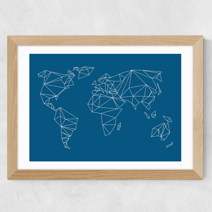 Geometric World Map Wide Oak Frame Geometric World Map Wide Oak Frame