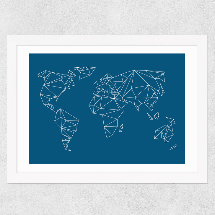 Geometric World Map Wide White Frame