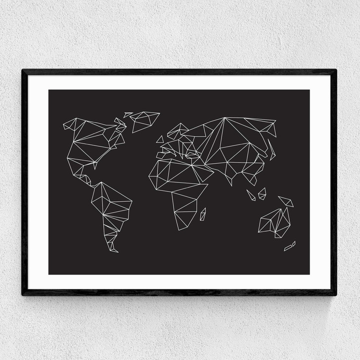 Geometric World Map Black Narrow Black Frame