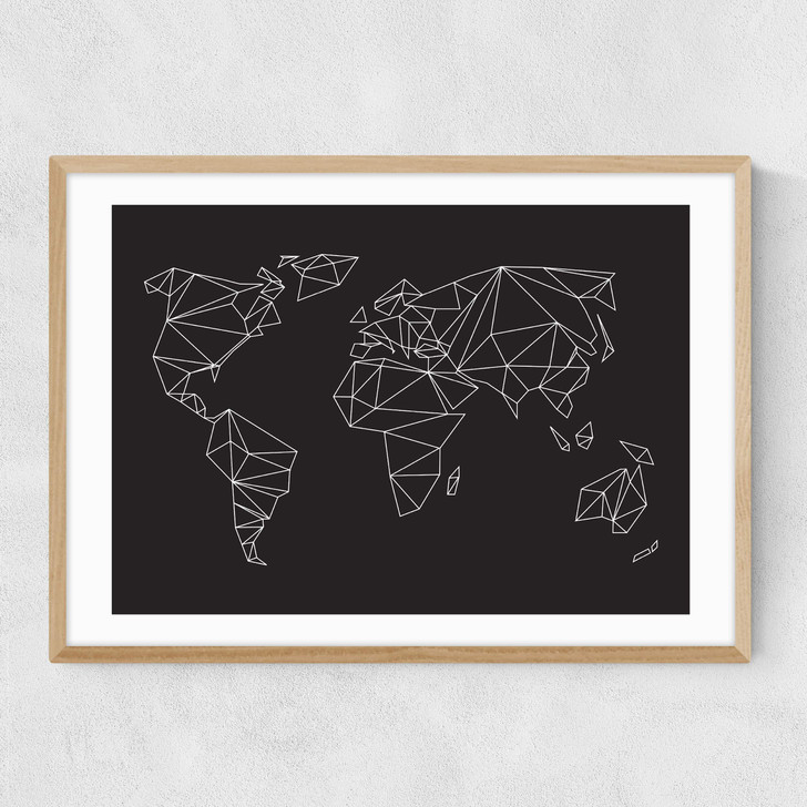 Geometric World Map Oak Narrow Oak Frame
