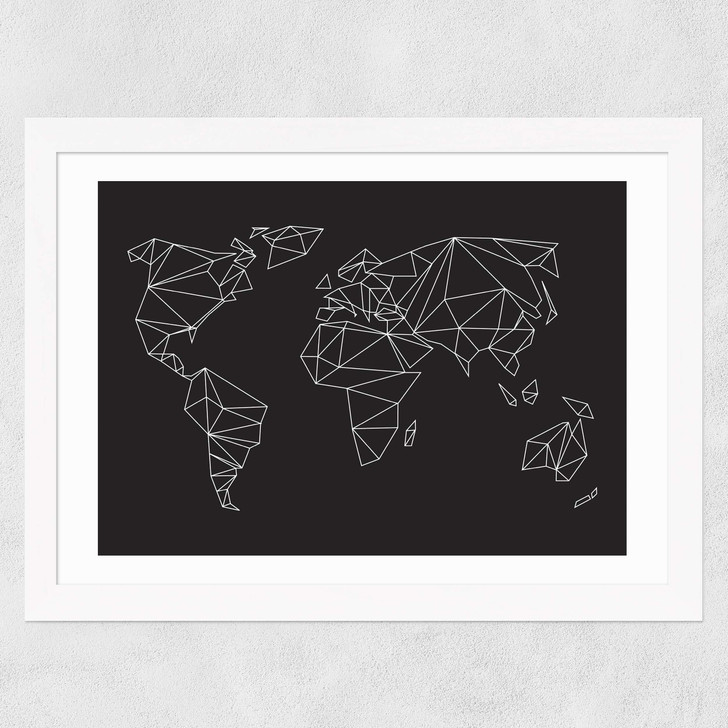 Geometric World Map White Wide White Frame