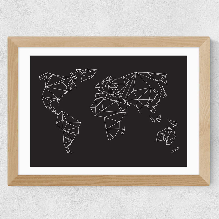 Geometric World Map Oak Wide Oak Frame