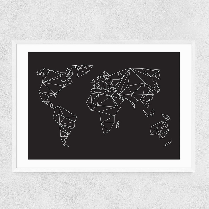 Geometric World Map White Narrow White Frame