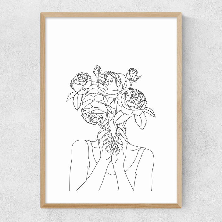 Line Art Flower Head Narrow Oak Frame