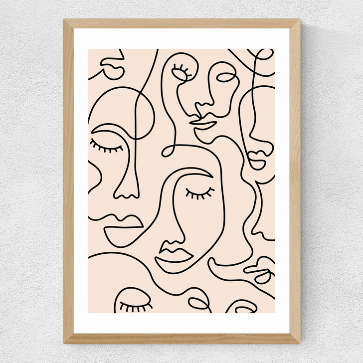 Single Line Faces Medium Oak Frame