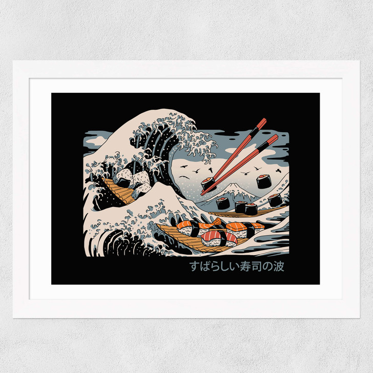 The Great Sushi Wave Wide White Frame