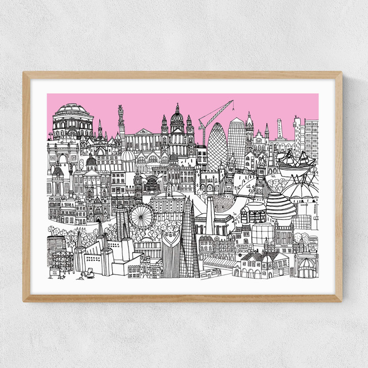 London Jungle Art Print (Pink) Narrow Oak Frame