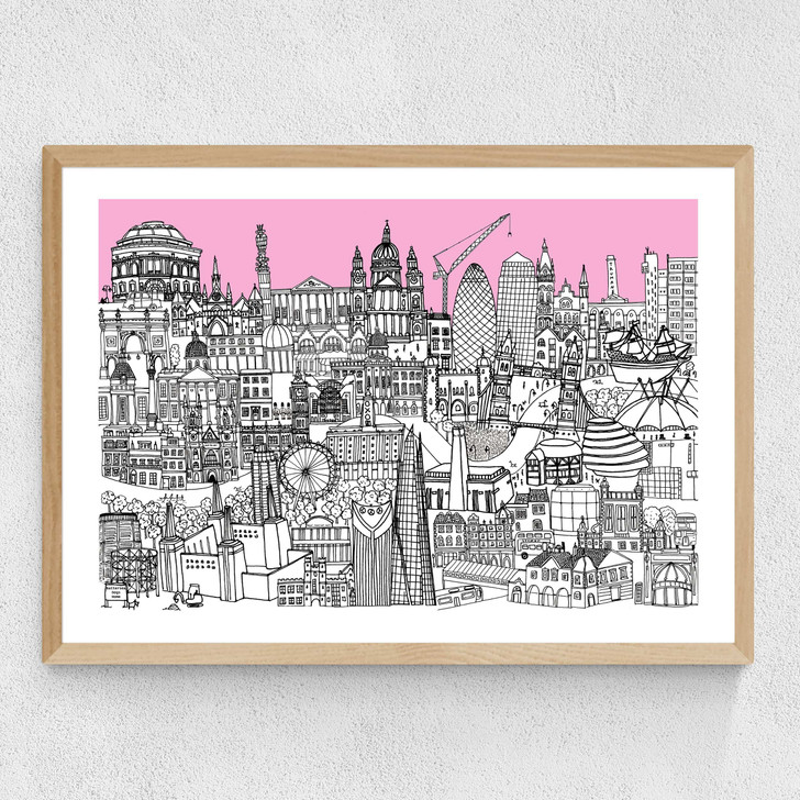 London Jungle Art Print (Pink) Medium Oak Frame