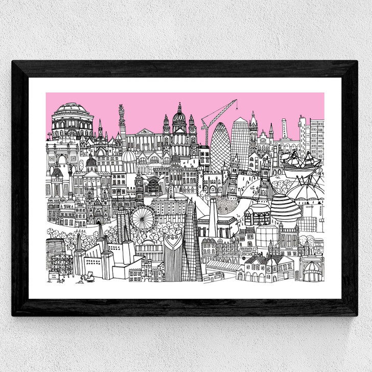 London Jungle Art Print (Pink) Wide Black Frame