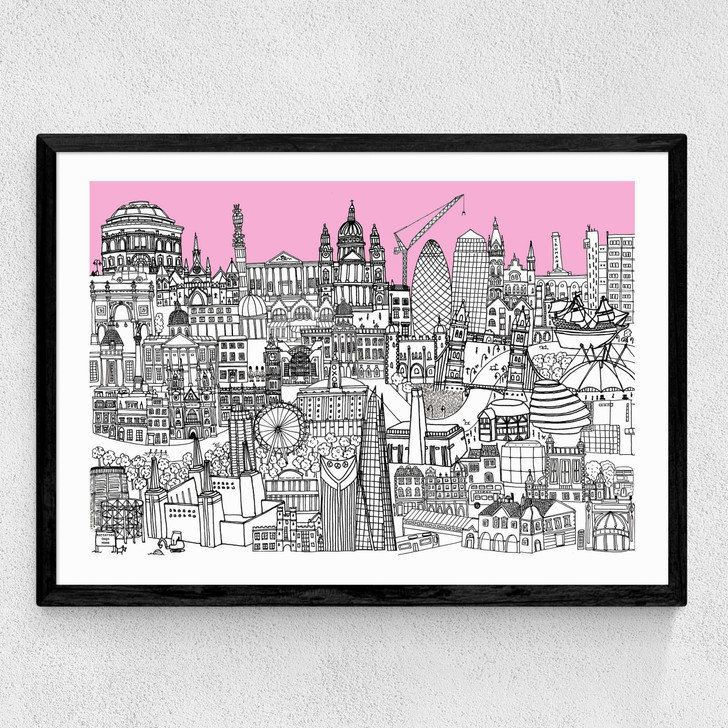 London Jungle Art Print (Pink) Medium Black Frame