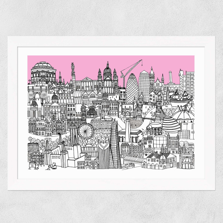 London Jungle Art Print (Pink) Wide White Frame