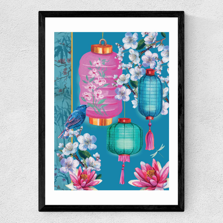 Birds and Lanterns Medium Black Frame
