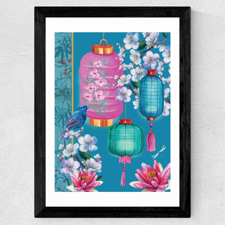 Birds and Lanterns Wide Black Frame