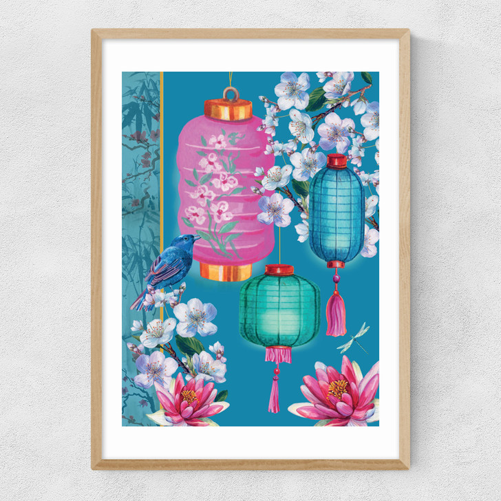 Birds and Lanterns Narrow Oak Frame