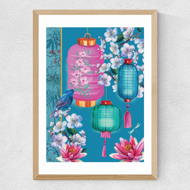 Birds and Lanterns Medium Oak Frame