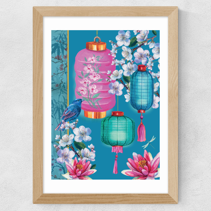 Birds and Lanterns Wide Oak Frame