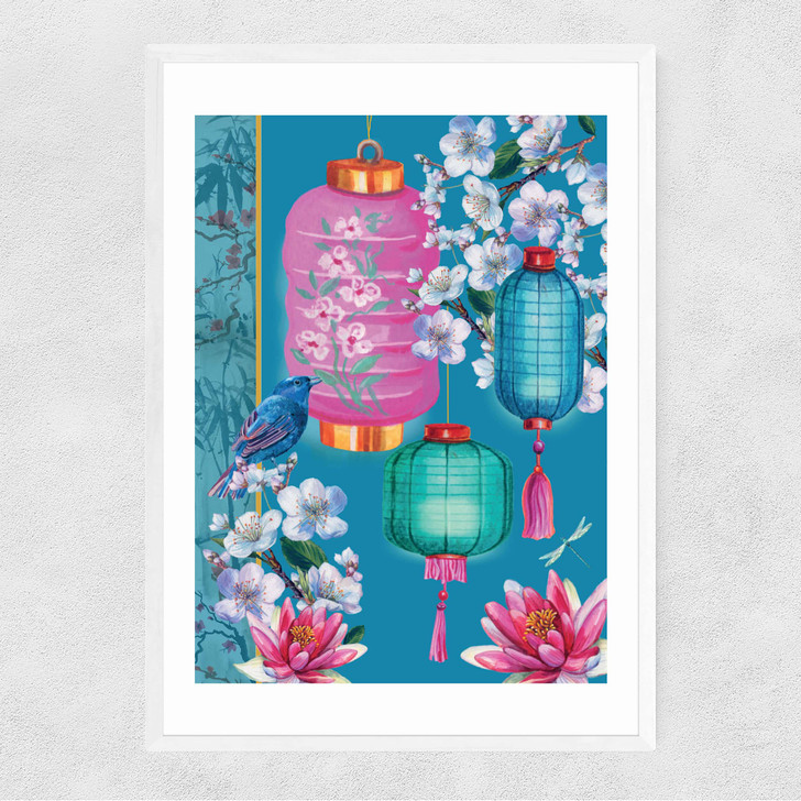 Birds and Lanterns Narrow White Frame