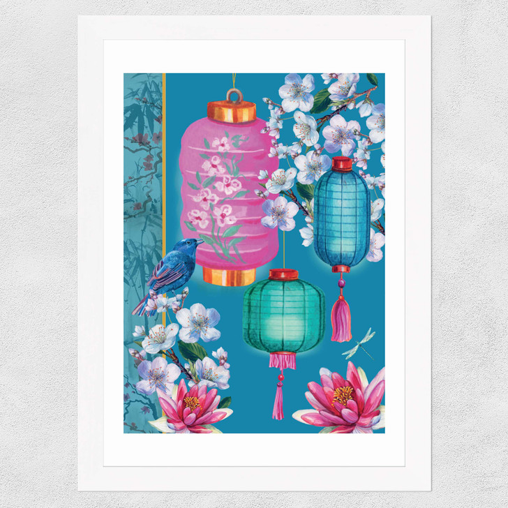 Birds and Lanterns Wide White Frame