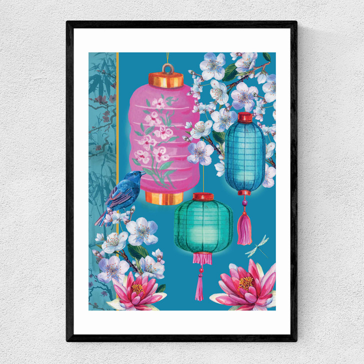 Birds and Lanterns Narrow Black Frame